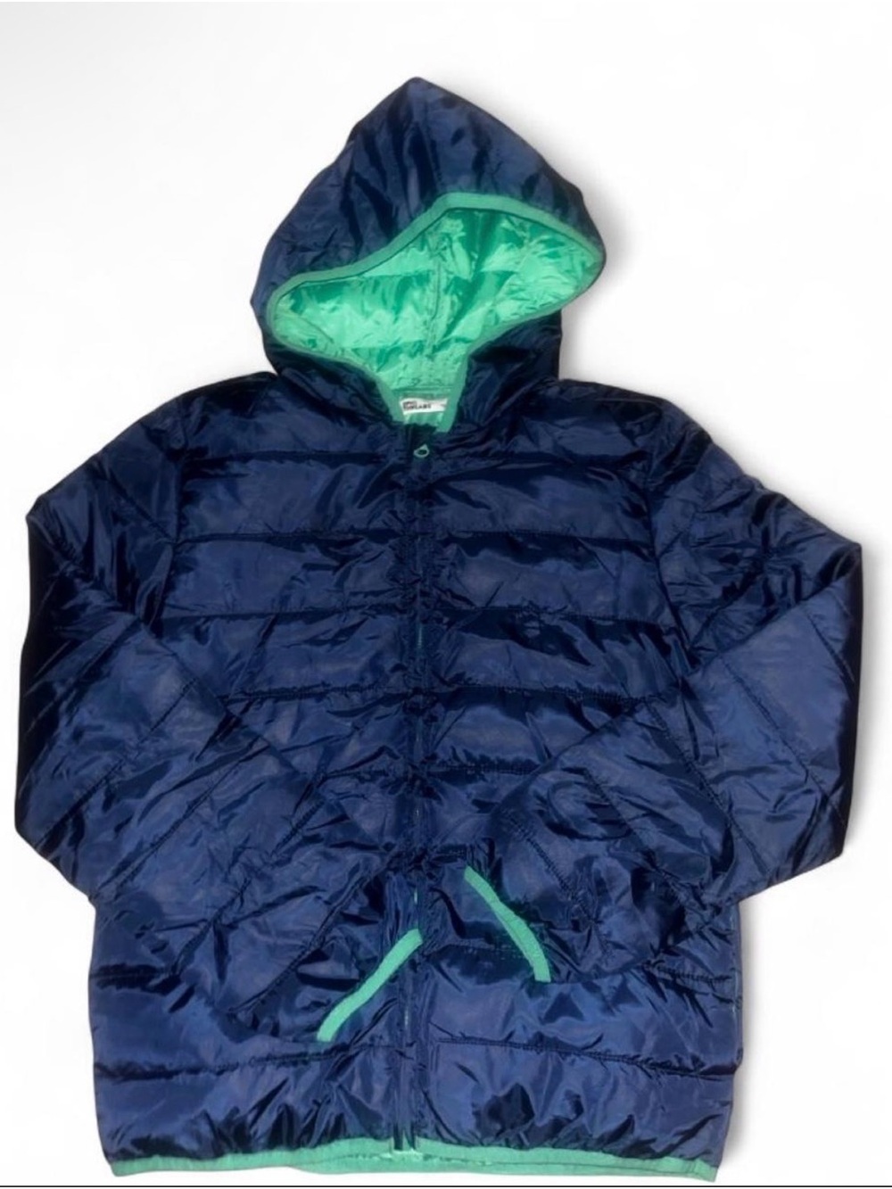 Epic Threads Navy Puffer Jacket with Green Hood Lining